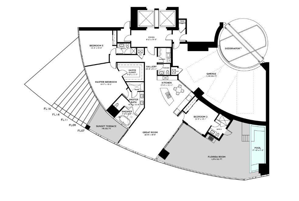 2D floor plan layout for the RESIDENCE BENTAYGA 07 - 16 by Dezer Development in Bentley Residences, Sunny Isles Beach, FL (Image 1).