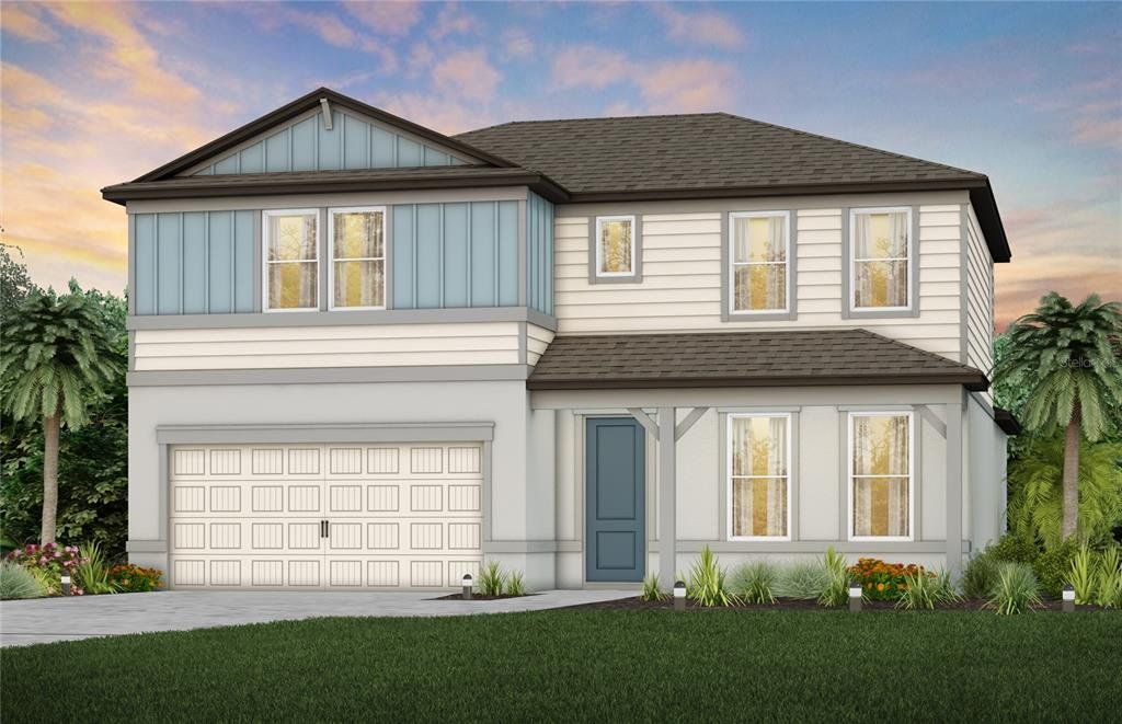 Front exterior of a new home in Evergreen, Thonotosassa, FL, highlighting curb appeal (Image 1). Front exterior of a new home in Evergreen, Thonotosassa, FL, highlighting curb appeal (Image 1).