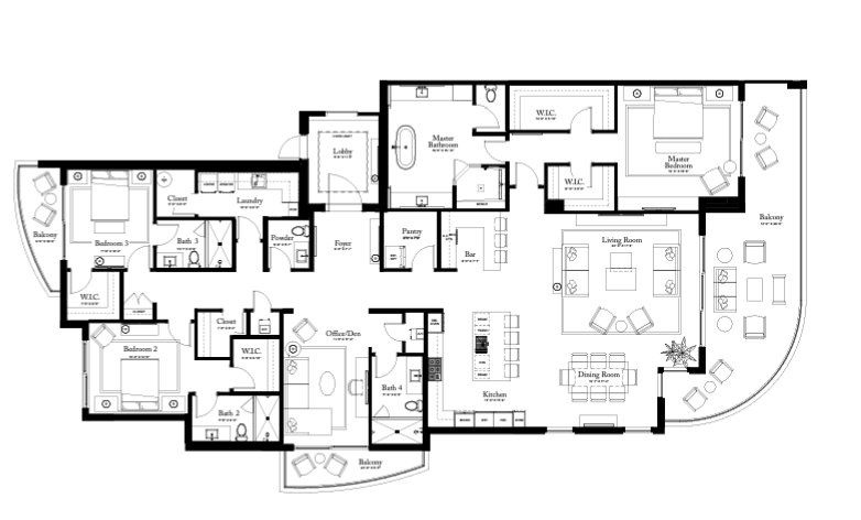 2D floor plan layout for the PLAN F (Line 12) by Catalfumo Companies in The Ritz-Carlton Residences, Palm Beach Gardens, FL (Image 1).