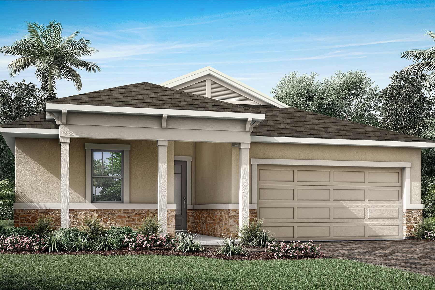 Front exterior of a new home in Crosswind Ranch, Parrish, FL, highlighting curb appeal (Image 1).