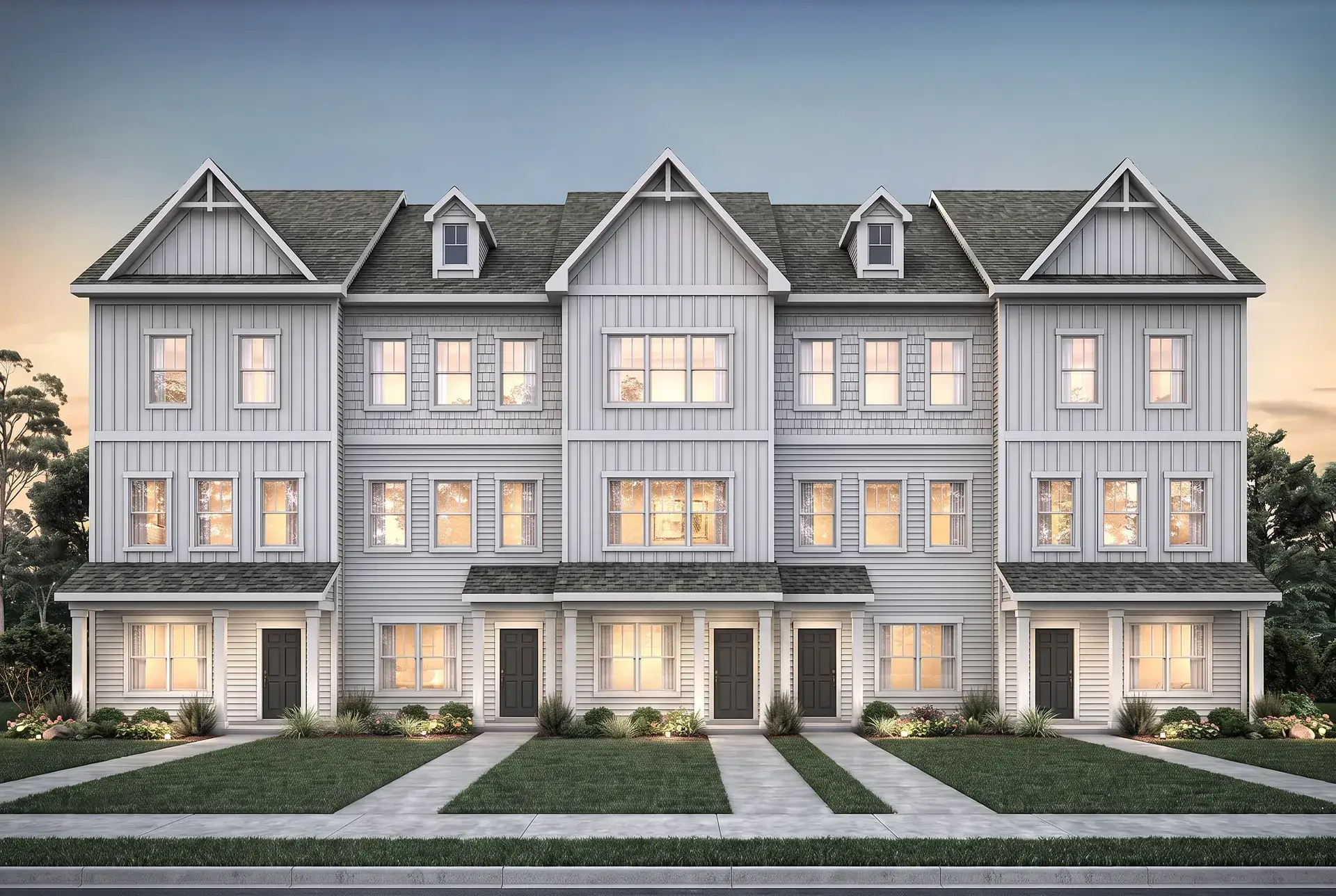 Front exterior of a new home in Harris Place TH, Mooresville, NC, highlighting curb appeal (Image 1). Front exterior of a new home in Harris Place TH, Mooresville, NC, highlighting curb appeal (Image 1).