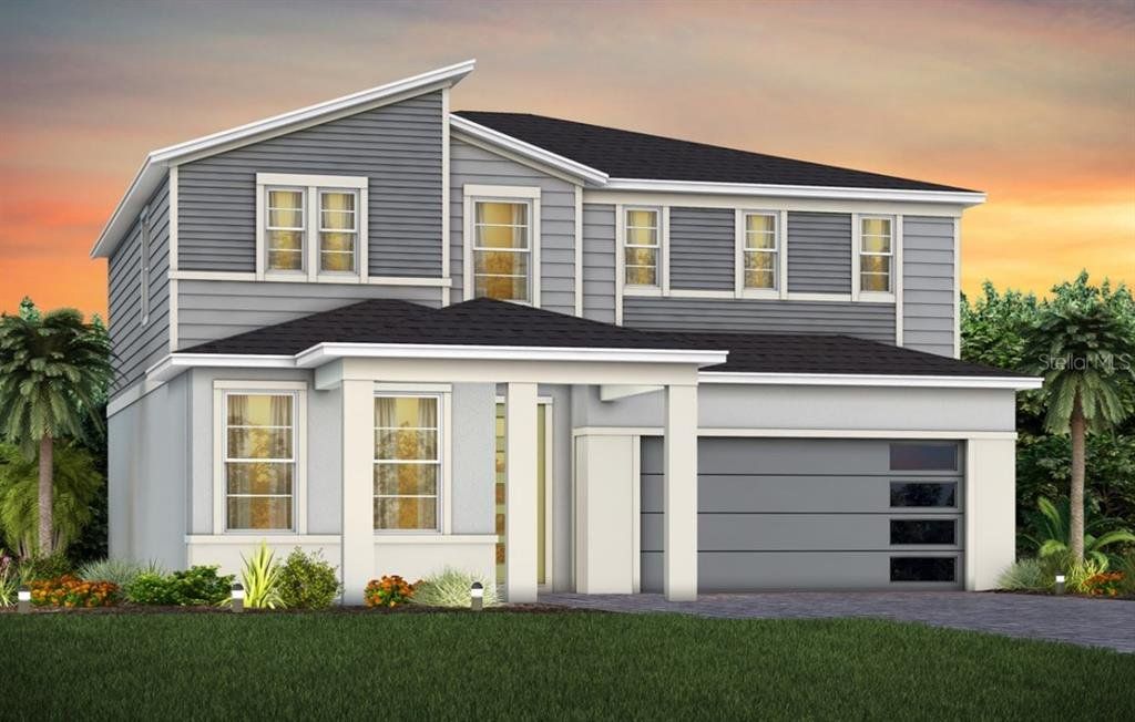 Front exterior of a new home in EverBe, Orlando, FL, highlighting curb appeal (Image 1). Front exterior of a new home in EverBe, Orlando, FL, highlighting curb appeal (Image 1).