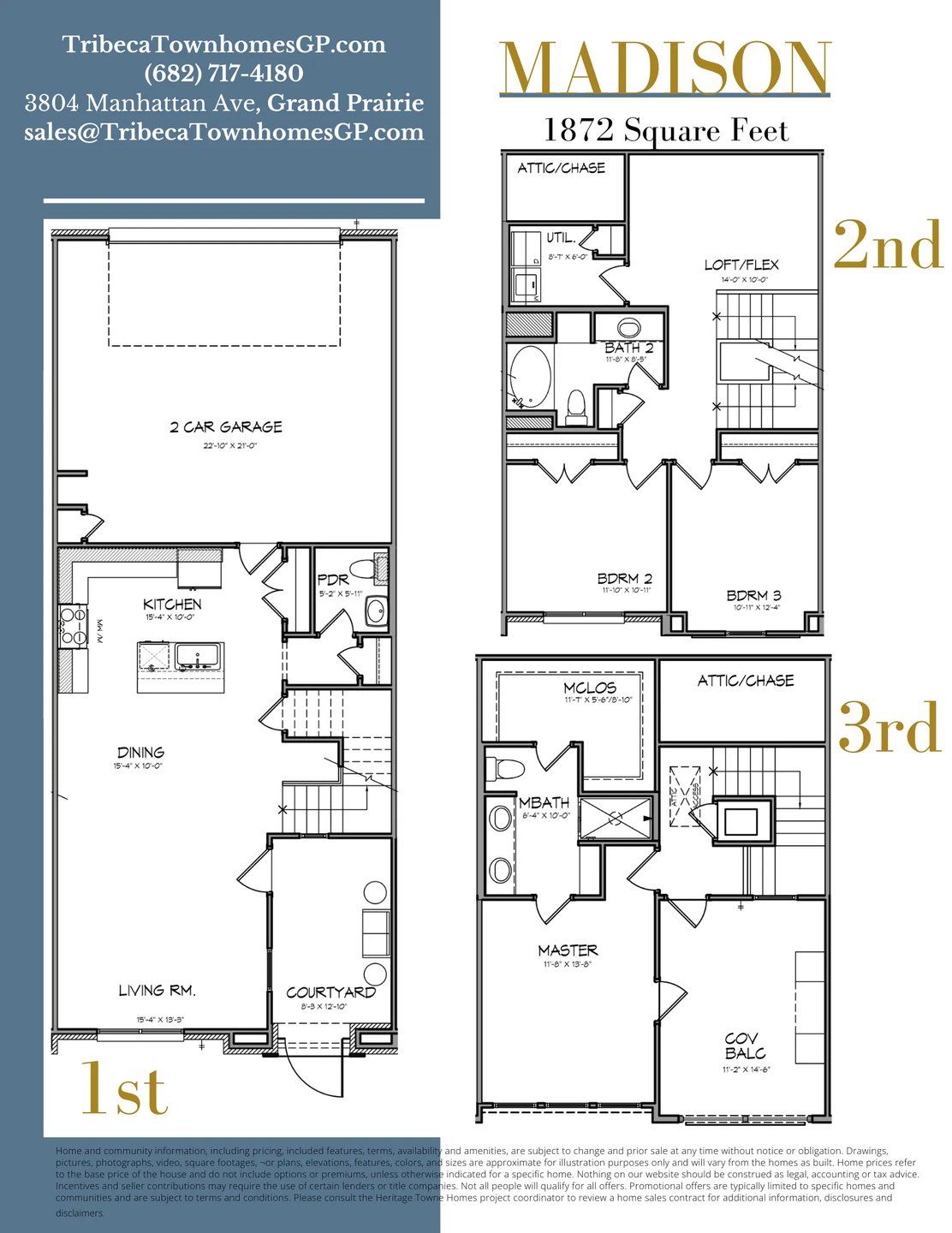 2D floor plan layout for the Madison by Heritage Towne in Tribeca Townhomes, Grand Prairie, TX (Image 1).