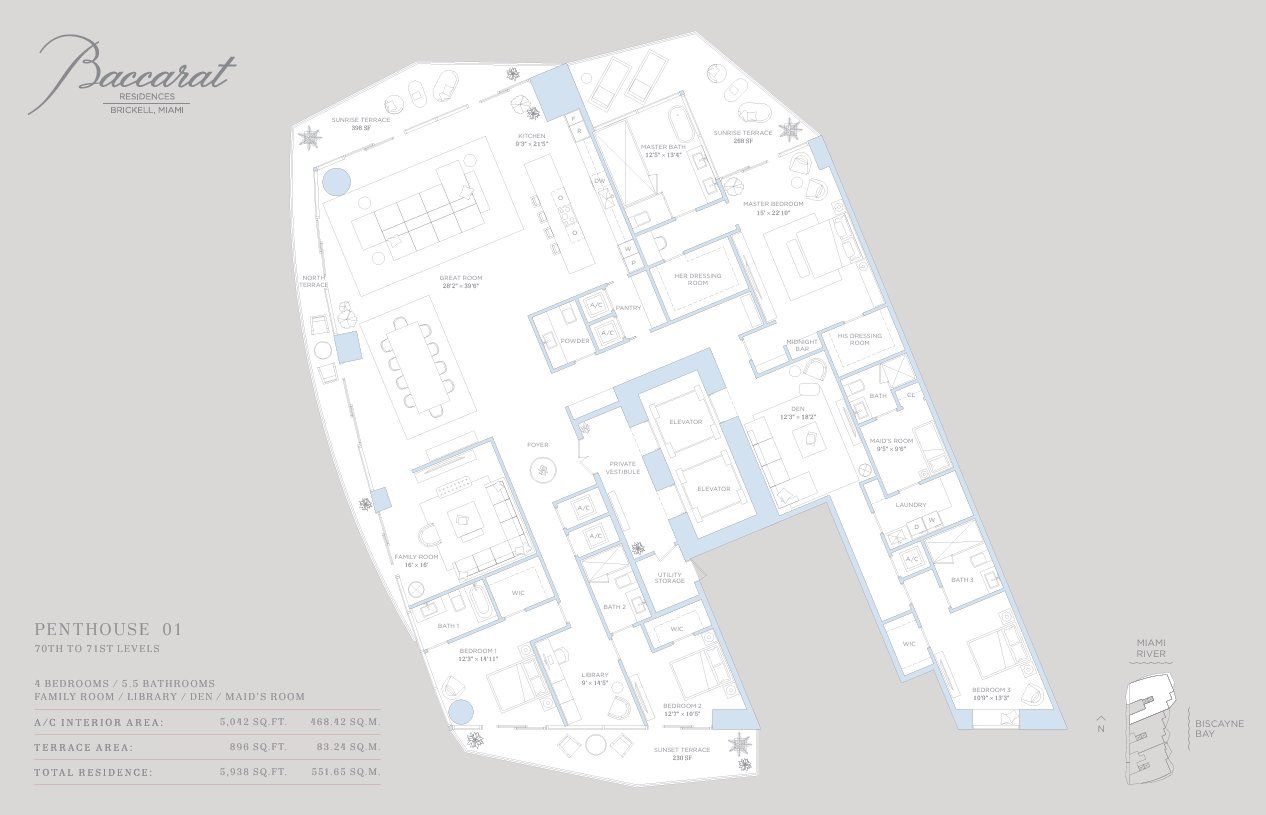 2D floor plan layout for the penthouse 1 by Related Group in Baccarat Residences Miami, Miami, FL (Image 1).