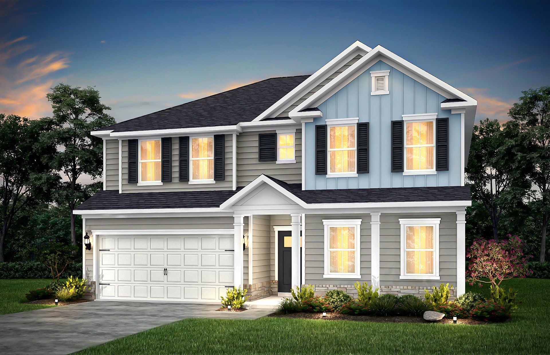 Front exterior of a new home in Indigo Park, Easley, SC, highlighting curb appeal (Image 1).