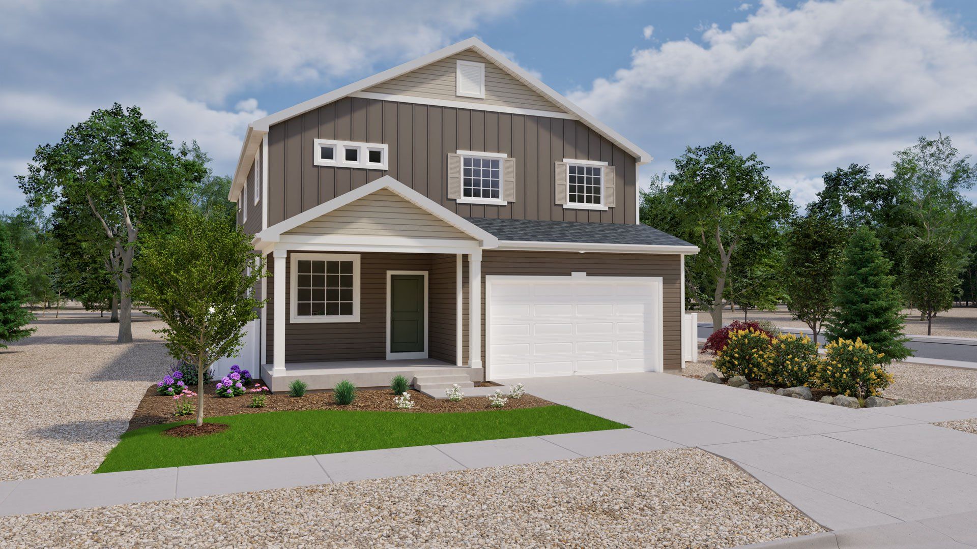 Representative exterior photo of a completed home built from the Triumph by Oakwood Homes Co in Sky Ranch, Watkins, CO (Image 1). Representative exterior photo of a completed home built from the Triumph by Oakwood Homes Co in Sky Ranch, Watkins, CO (Image 1).