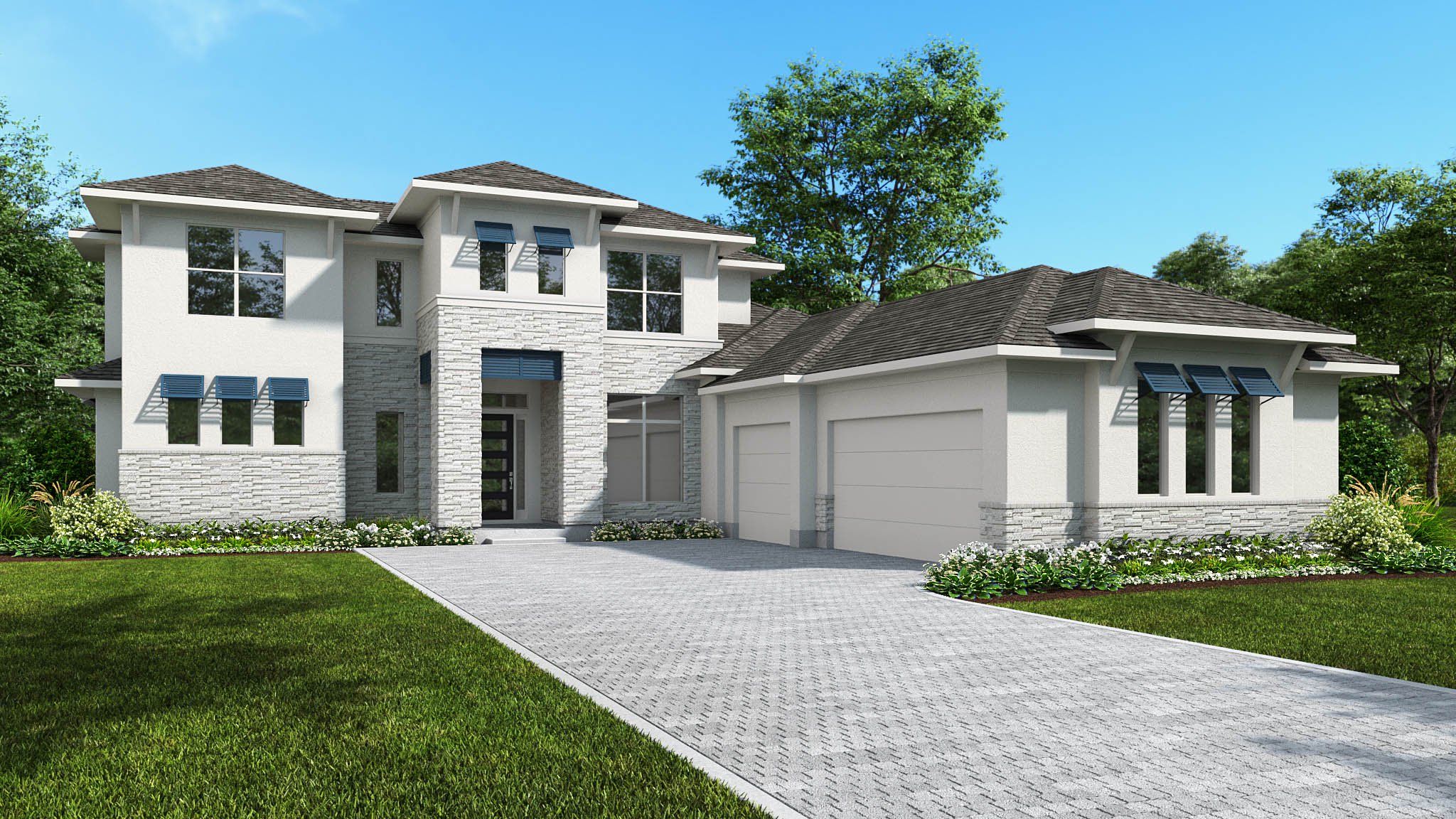 Front exterior of a new home in Star Farms at Lakewood Ranch, Bradenton, FL, highlighting curb appeal (Image 1). Front exterior of a new home in Star Farms at Lakewood Ranch, Bradenton, FL, highlighting curb appeal (Image 1).