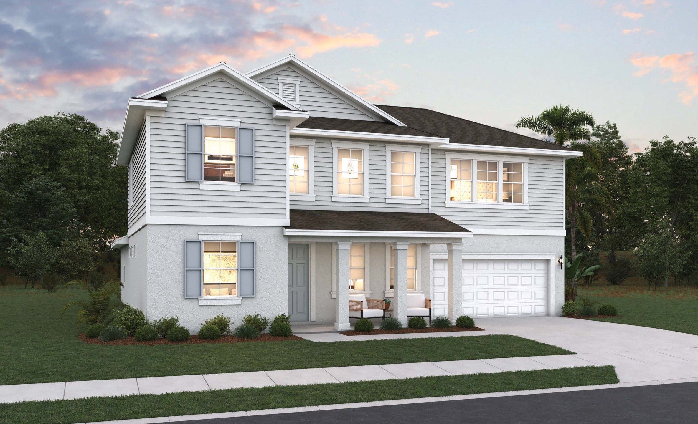 Front exterior of a new home in Seaire, Parrish, FL, highlighting curb appeal (Image 1). Front exterior of a new home in Seaire, Parrish, FL, highlighting curb appeal (Image 1).