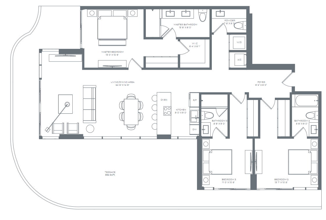 2D floor plan layout for the Residence 01 (Floor 3) by Alta Developers in Alana Bay Harbor Islands, Bay Harbor Islands, FL (Image 1).