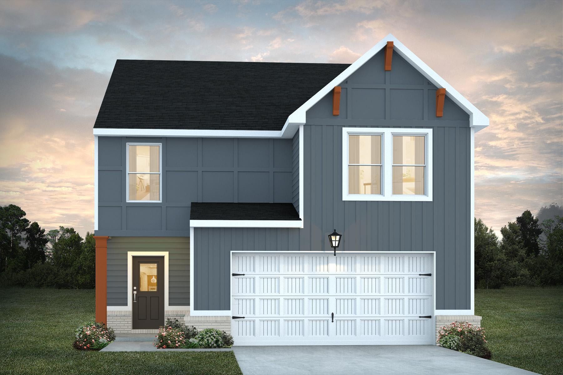 Front exterior of a new home in Campground Crossing, McDonough, GA, highlighting curb appeal (Image 1).