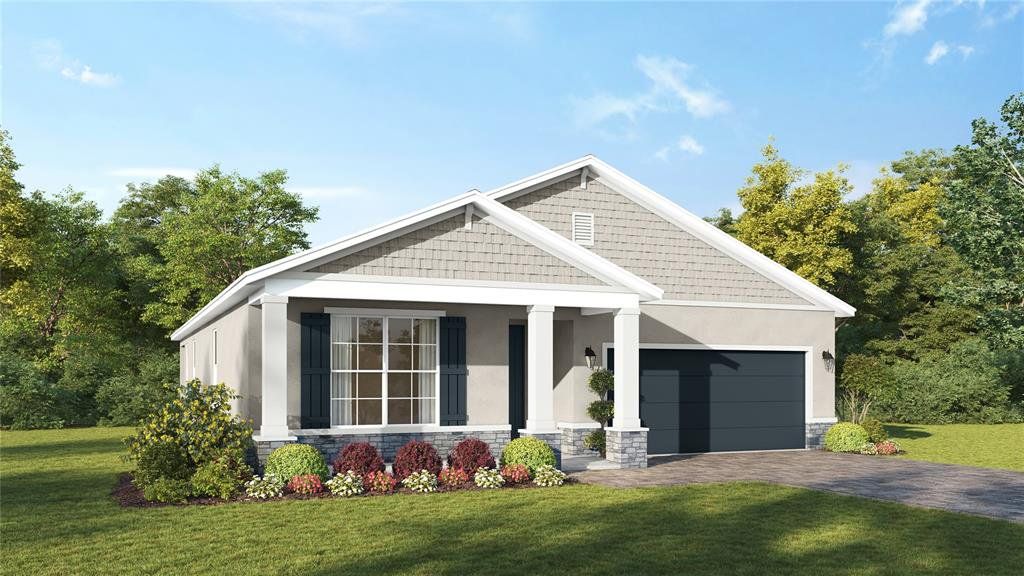 Front exterior of a new home in Estes Reserve, Eustis, FL, highlighting curb appeal (Image 1). Front exterior of a new home in Estes Reserve, Eustis, FL, highlighting curb appeal (Image 1).