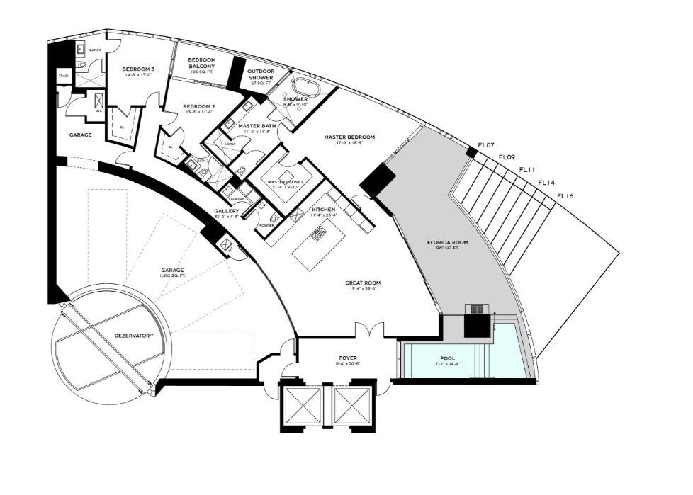 2D floor plan layout for the RESIDENCE ARNAGE 07 - 16 by Dezer Development in Bentley Residences, Sunny Isles Beach, FL (Image 1). 2D floor plan layout for the RESIDENCE ARNAGE 07 - 16 by Dezer Development in Bentley Residences, Sunny Isles Beach, FL (Image 1).