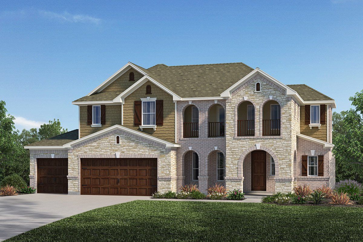 Front exterior of a new home in Salerno - Hallmark Collection, Round Rock, TX, highlighting curb appeal (Image 1). Front exterior of a new home in Salerno - Hallmark Collection, Round Rock, TX, highlighting curb appeal (Image 1).