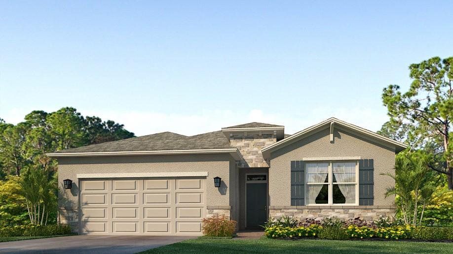 Front exterior of a new home in Twisted Oaks, Wildwood, FL, highlighting curb appeal (Image 1).