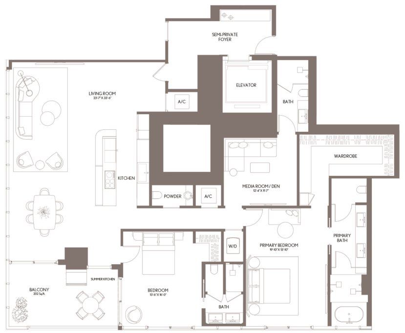 2D floor plan layout for the Residence 02 LVL 42-49 by Property Markets Group in Waldorf Astoria Residences Miami, Miami, FL (Image 1). 2D floor plan layout for the Residence 02 LVL 42-49 by Property Markets Group in Waldorf Astoria Residences Miami, Miami, FL (Image 1).