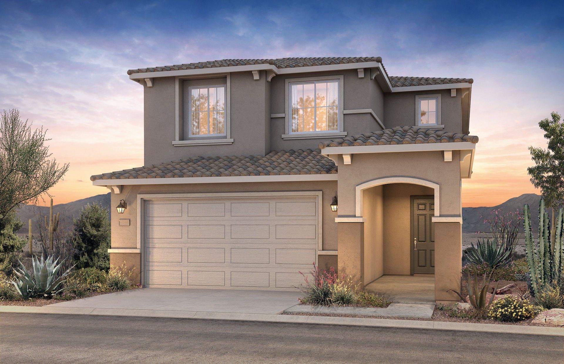 Front exterior of a new home in Allen Ranches, Litchfield Park, AZ, highlighting curb appeal (Image 1).