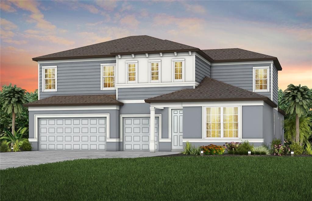 Front exterior of a new home in Riverwood, Zephyrhills, FL, highlighting curb appeal (Image 1). Front exterior of a new home in Riverwood, Zephyrhills, FL, highlighting curb appeal (Image 1).