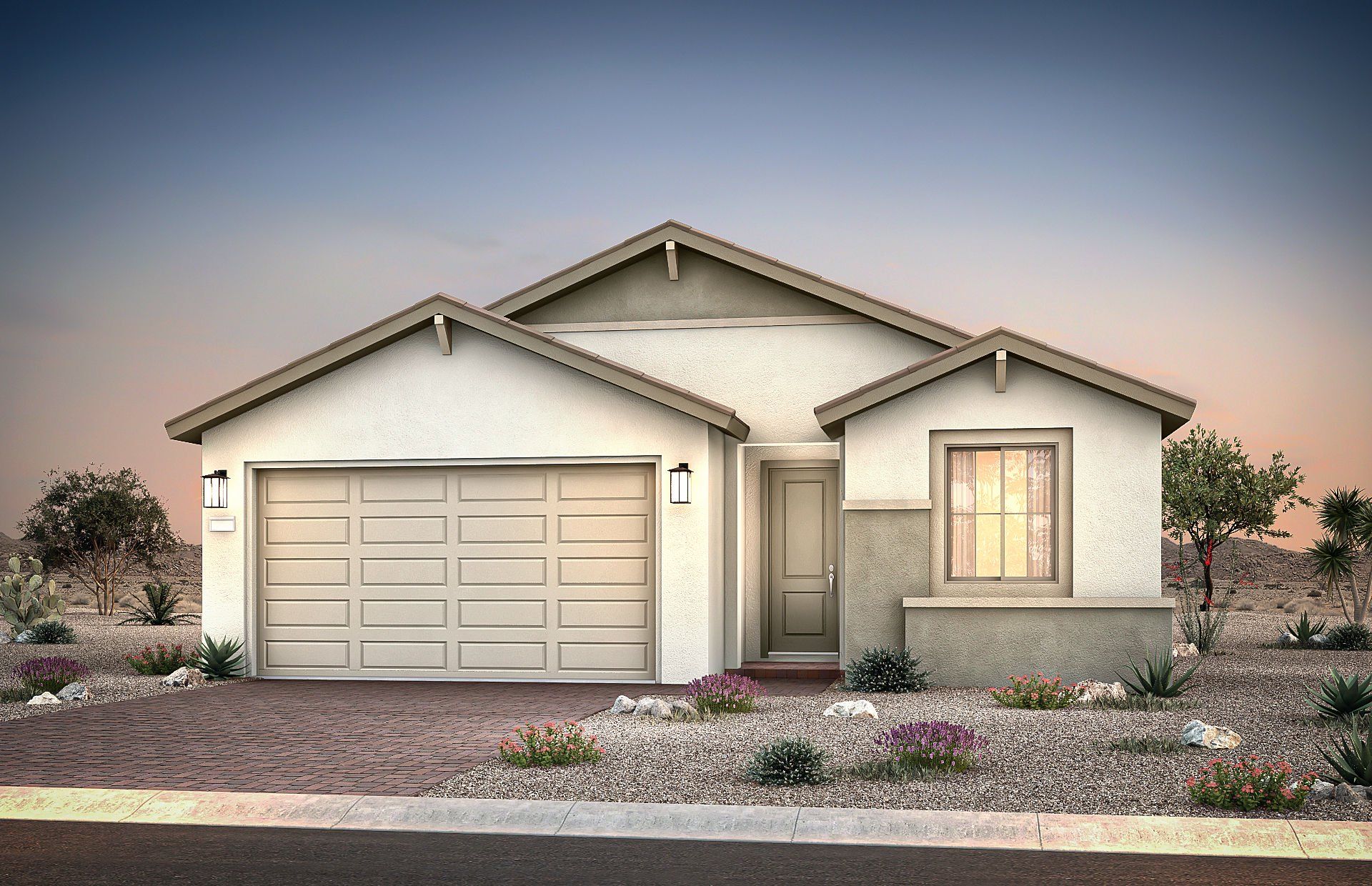 Front exterior of a new home in Sun City Anthem at Merrill Ranch, Florence, AZ, highlighting curb appeal (Image 1). Front exterior of a new home in Sun City Anthem at Merrill Ranch, Florence, AZ, highlighting curb appeal (Image 1).