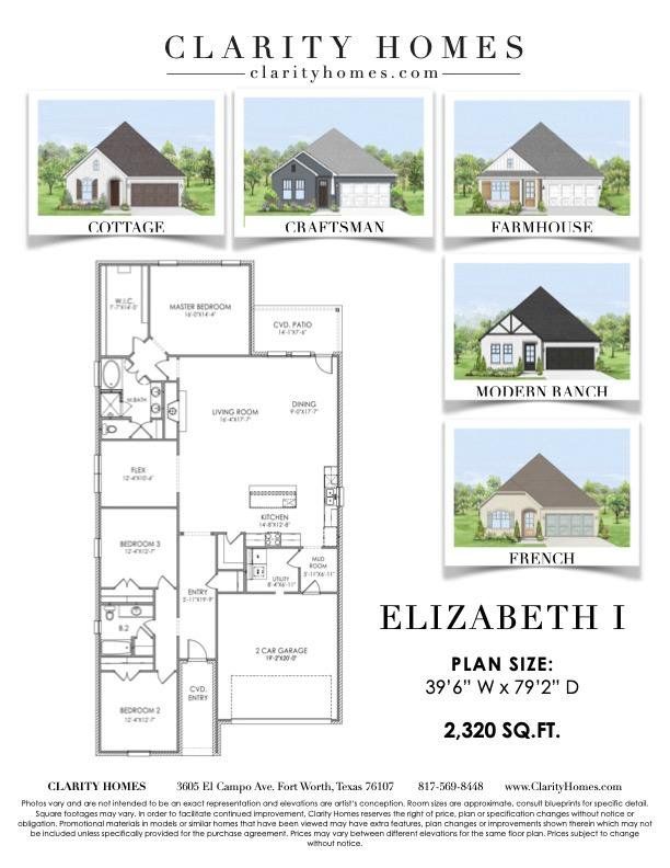 2D floor plan layout for the Elizabeth I by Clarity Homes in The Bluffs At Parks Of Aledo, Aledo, TX (Image 1).
