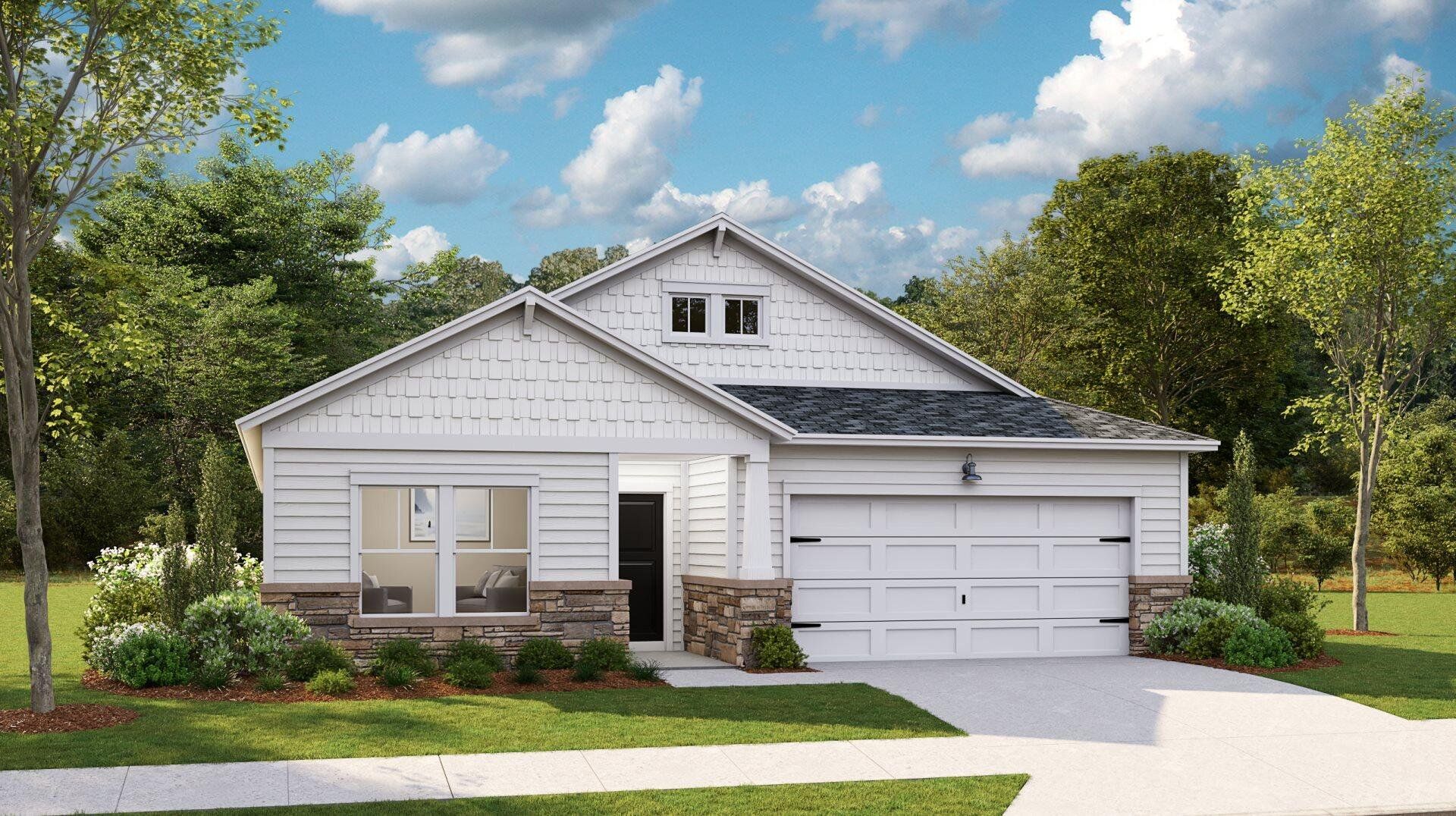 Front exterior of a new home in Horizons at Summers Corner | 55+: The Legends, Summerville, SC, highlighting curb appeal (Image 1).