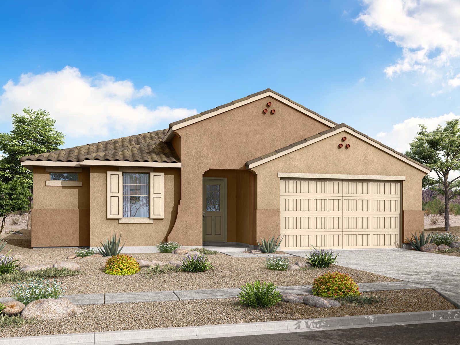 Front exterior of a new home in Las Ventanas, Goodyear, AZ, highlighting curb appeal (Image 1). Front exterior of a new home in Las Ventanas, Goodyear, AZ, highlighting curb appeal (Image 1).