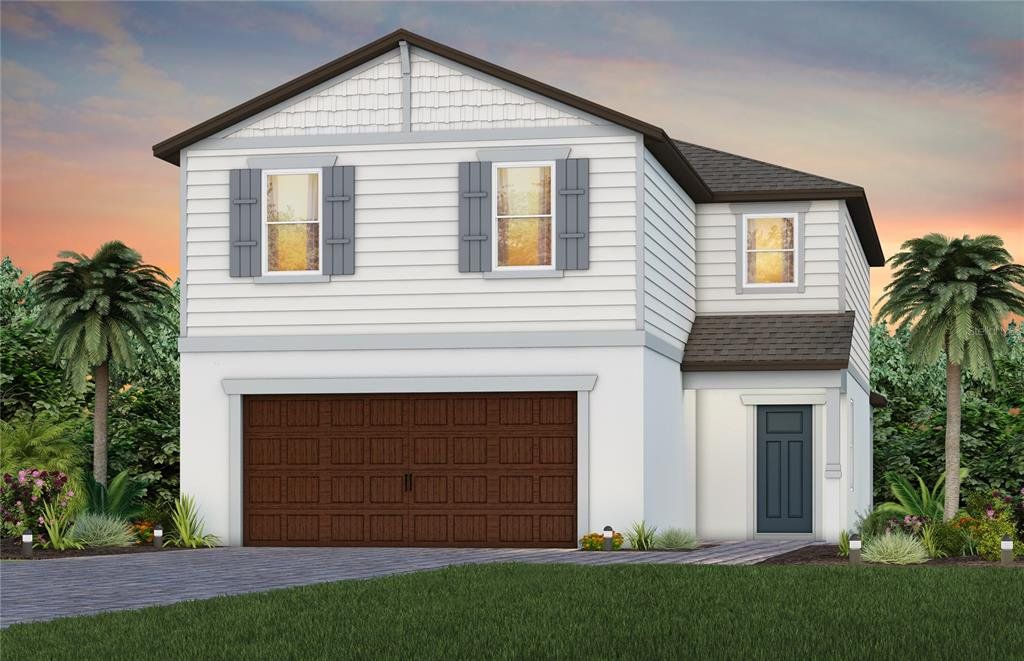 Front exterior of a new home in Vida's Way, Wesley Chapel, FL, highlighting curb appeal (Image 1). Front exterior of a new home in Vida's Way, Wesley Chapel, FL, highlighting curb appeal (Image 1).