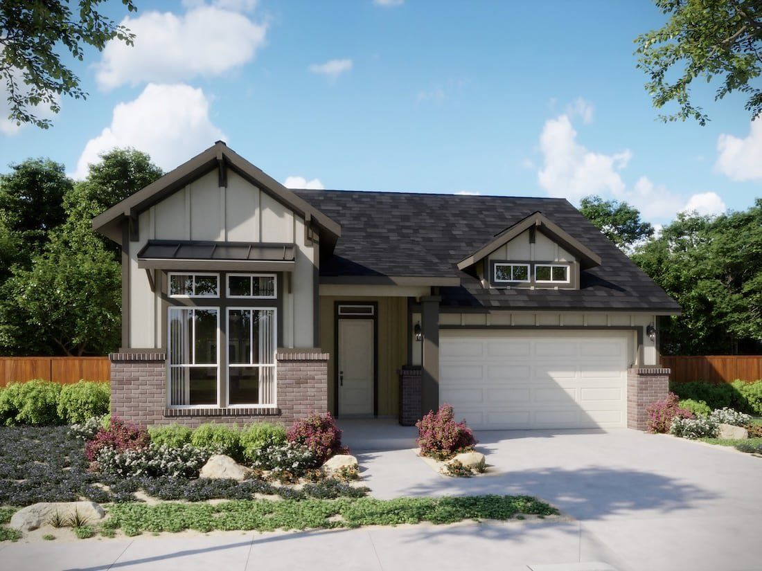 Front exterior of a new home in Persimmon, Buda, TX, highlighting curb appeal (Image 1).