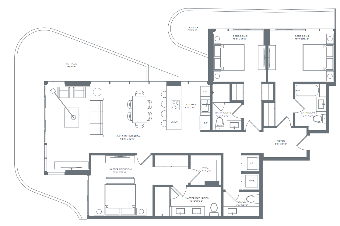 2D floor plan layout for the Residence 03 (Floor 4 - 7) by Alta Developers in Alana Bay Harbor Islands, Bay Harbor Islands, FL (Image 1).