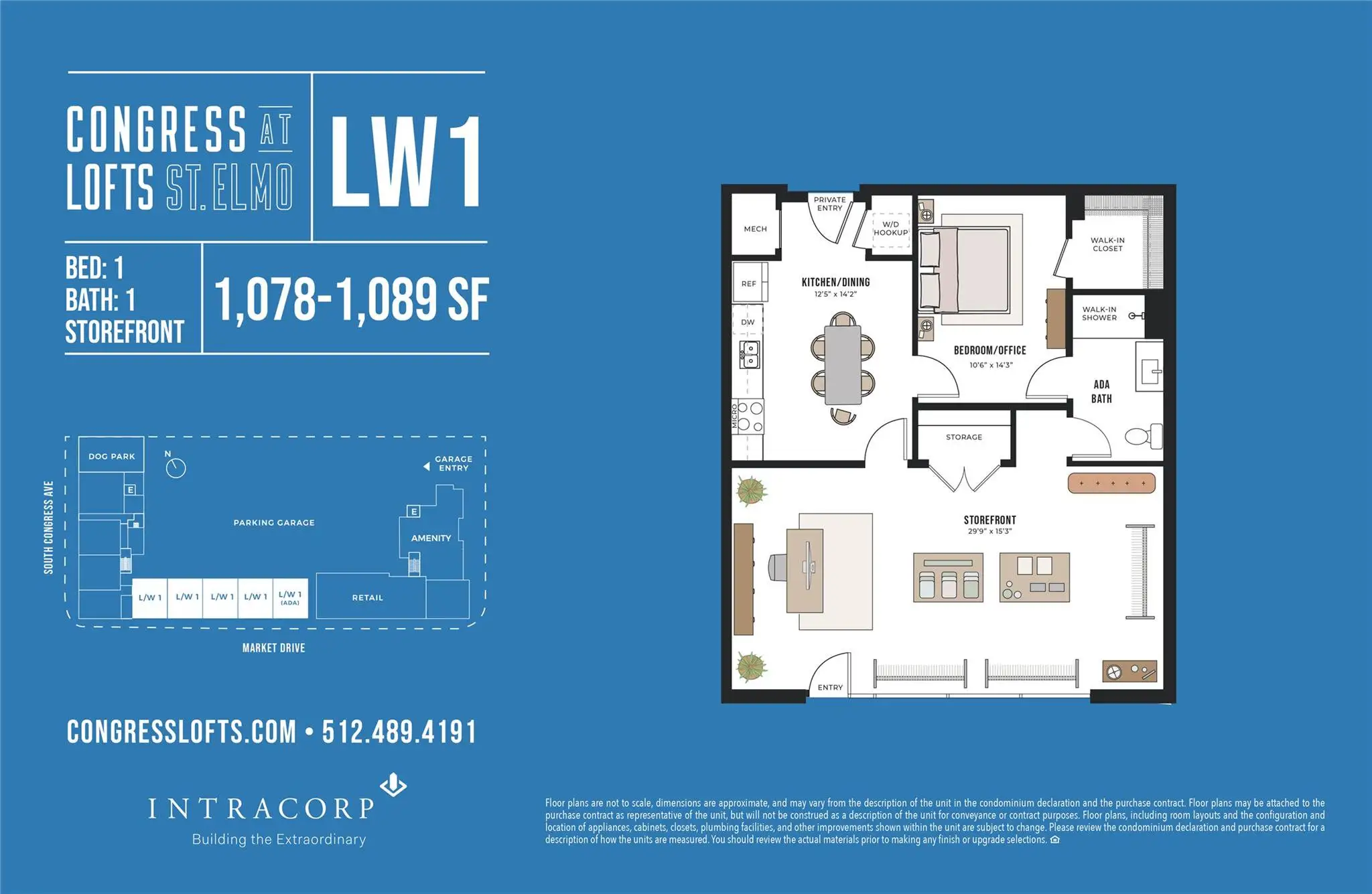 2D floor plan layout of this home in Congress Lofts Saint Elmo, Austin, TX (Image 1).