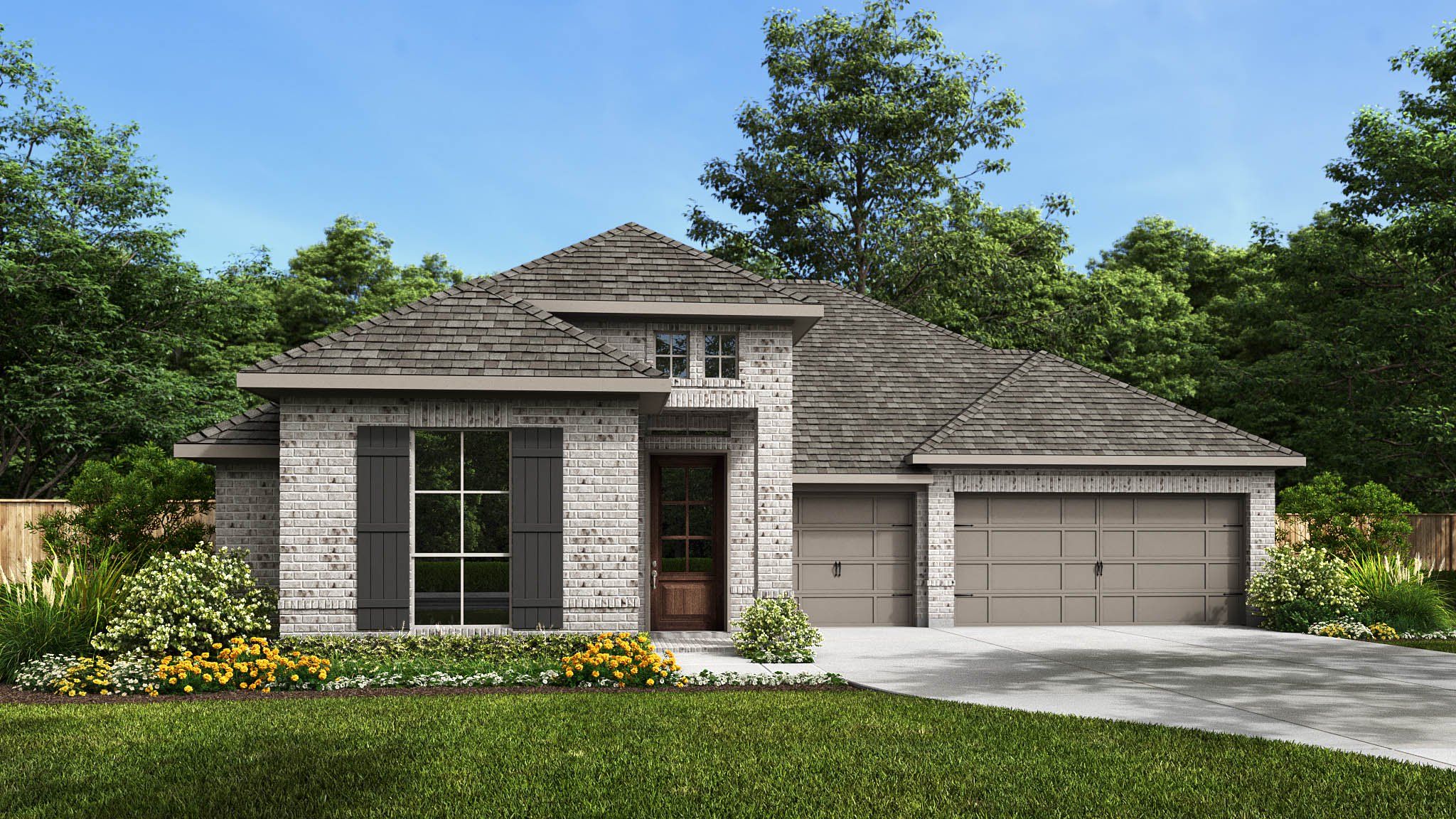 Front exterior of a new home in The Colony 60', Bastrop, TX, highlighting curb appeal (Image 1).