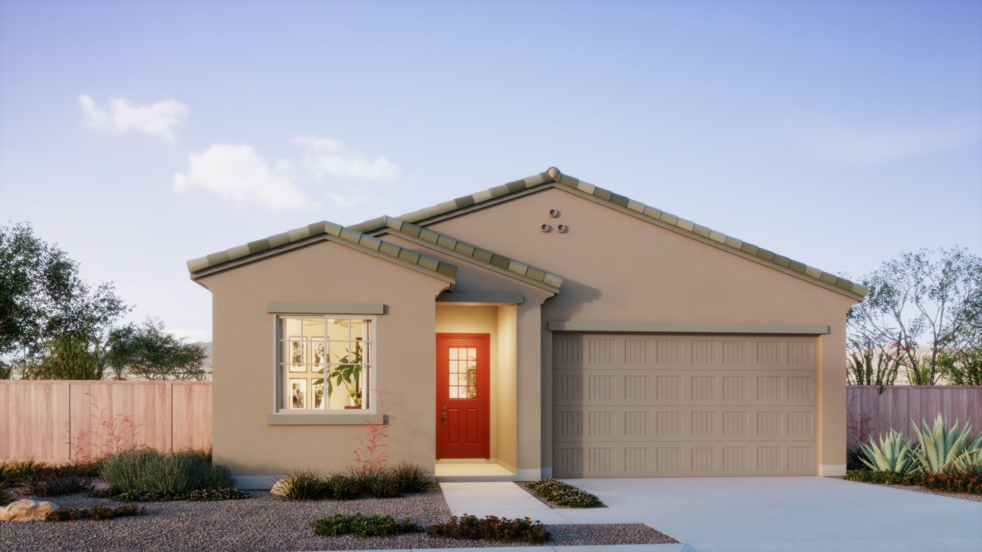 Front exterior of a new home in Saguaro Reserve II, Marana, AZ, highlighting curb appeal (Image 1).