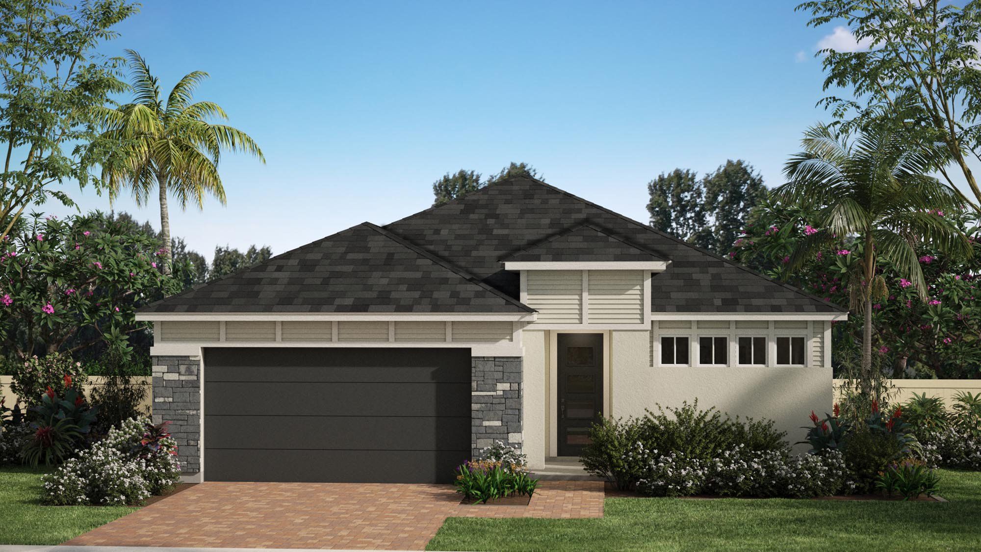 Front exterior of a new home in St. Johns Preserve, Palm Bay, FL, highlighting curb appeal (Image 1). Front exterior of a new home in St. Johns Preserve, Palm Bay, FL, highlighting curb appeal (Image 1).