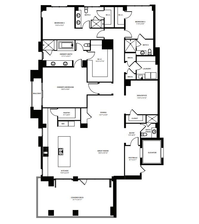 2D floor plan layout for the 3 bedroom by Creativ Design + Build in ICON at Silverleaf, Scottsdale, AZ (Image 1).