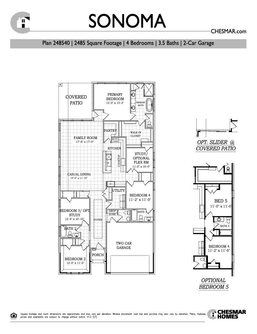 2D floor plan layout for the Sonoma by Chesmar Homes in Village at Three Oaks, Seguin, TX (Image 1).