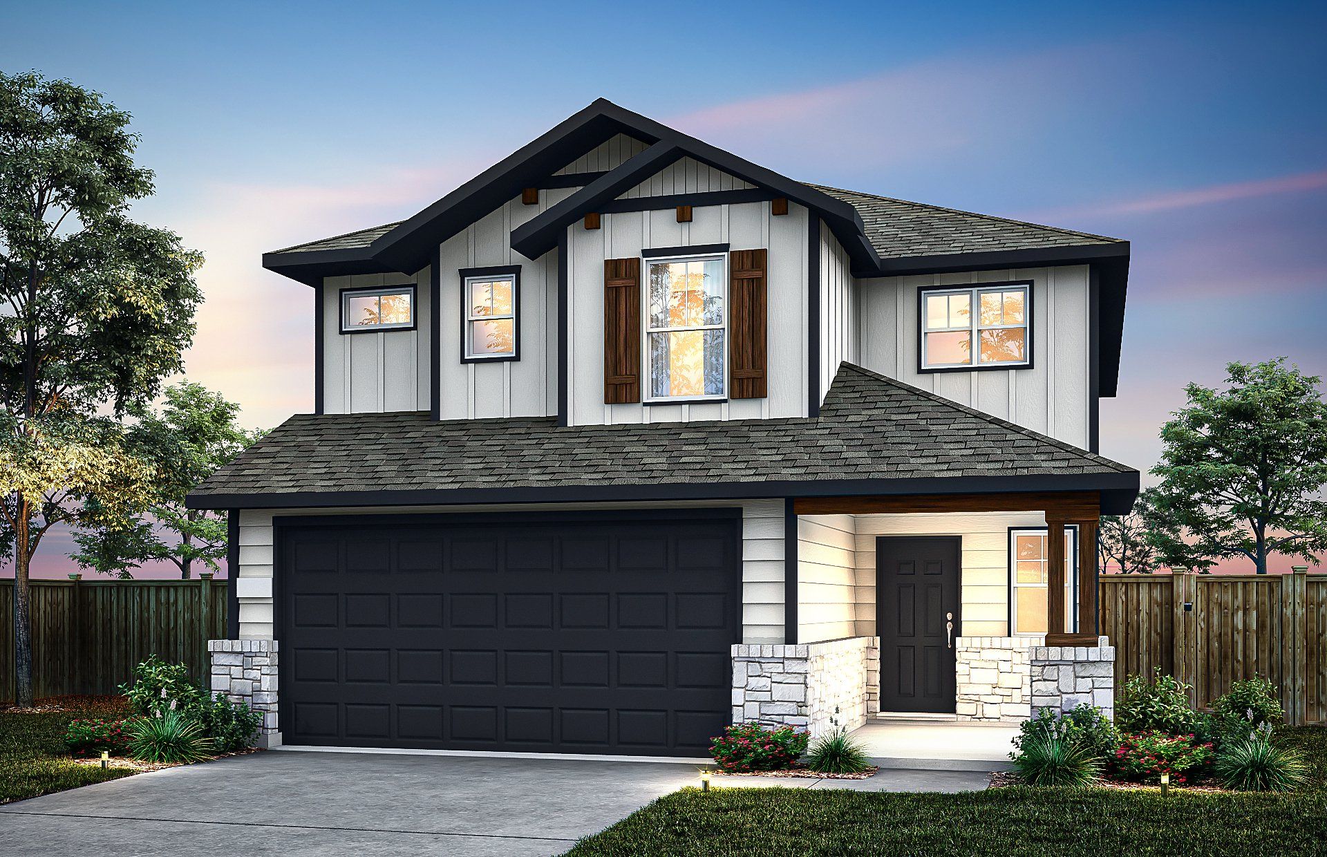 Front exterior of a new home in Saddleback at Santa Rita Ranch, Liberty Hill, TX, highlighting curb appeal (Image 1).