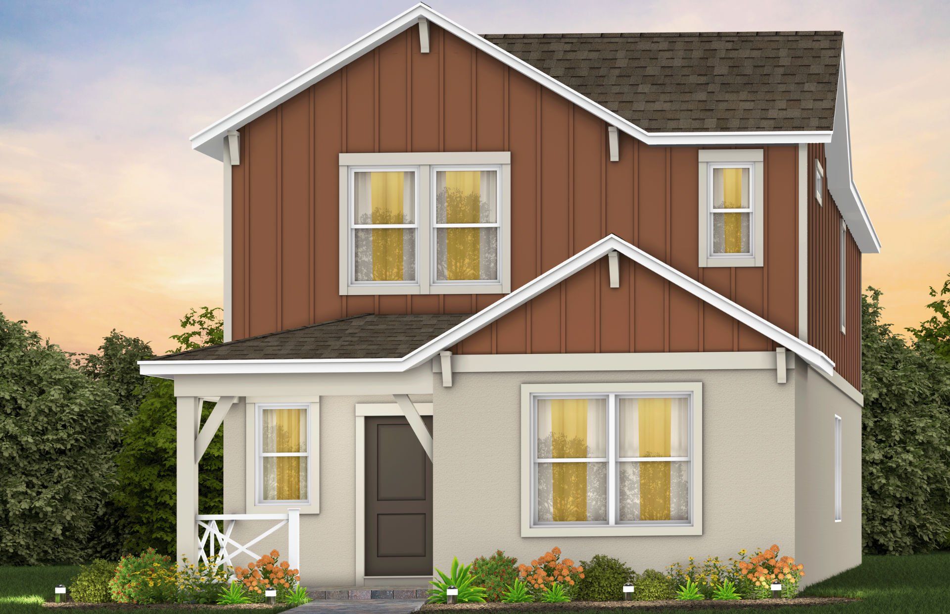 Front exterior of a new home in The Grow, Orlando, FL, highlighting curb appeal (Image 1). Front exterior of a new home in The Grow, Orlando, FL, highlighting curb appeal (Image 1).