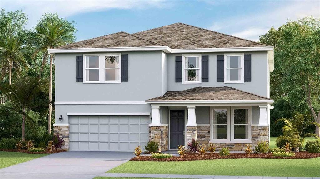 Front exterior of a new home in Bella Lago, Parrish, FL, highlighting curb appeal (Image 1). Front exterior of a new home in Bella Lago, Parrish, FL, highlighting curb appeal (Image 1).