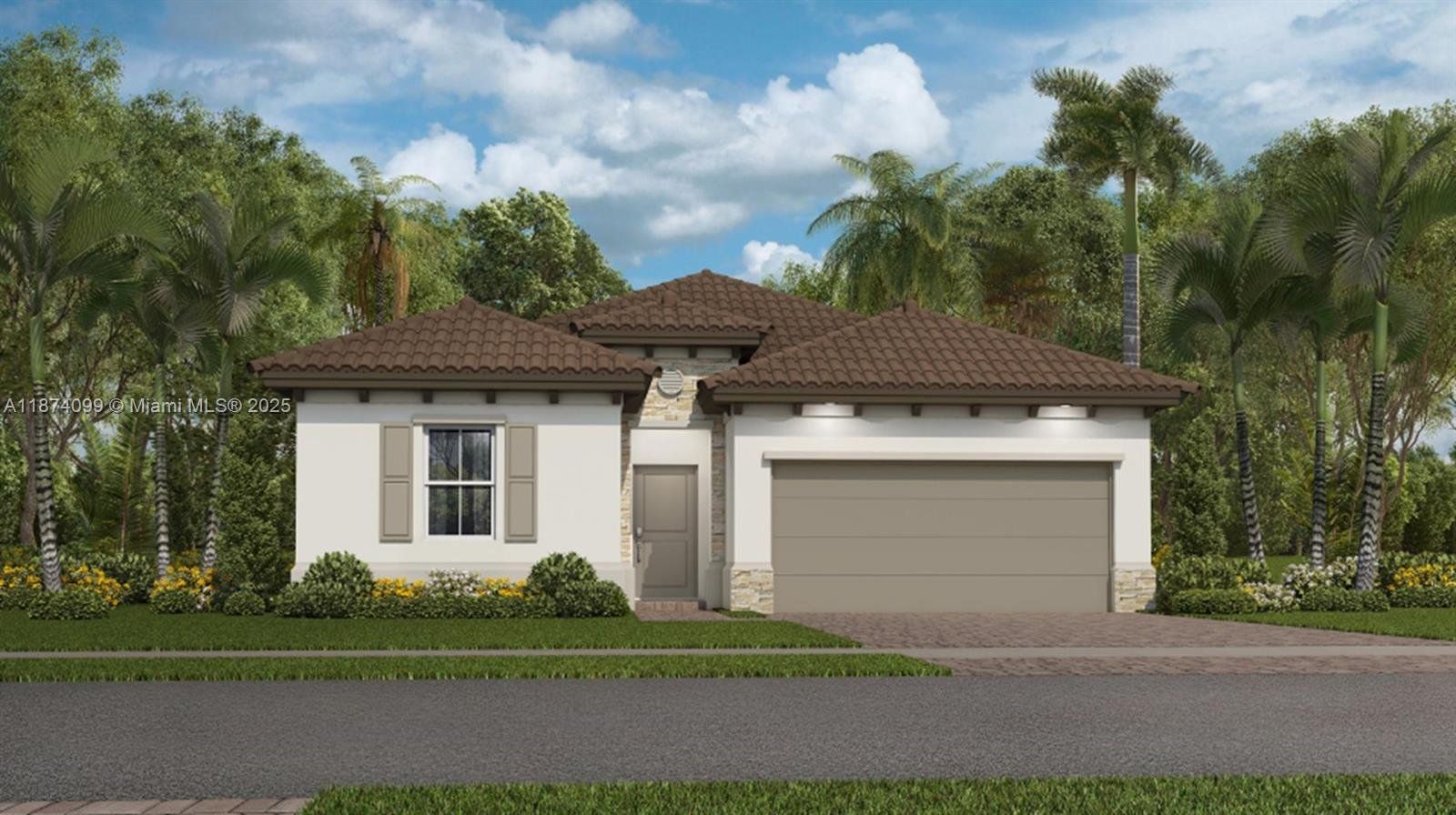 Front exterior of a new home in Altamira: Malaga Collection, Homestead, FL, highlighting curb appeal (Image 1).