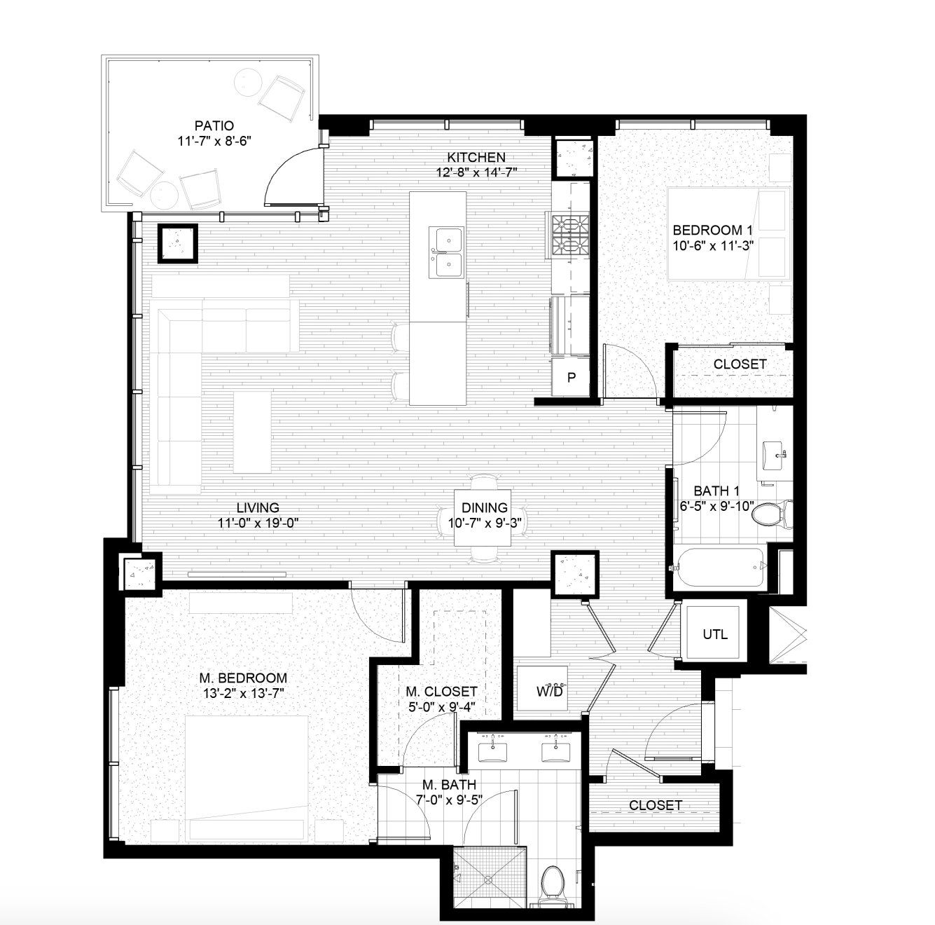 2D floor plan layout for the 1305 by Austin Lawrence Partners in The Novus, Durham, NC (Image 1).