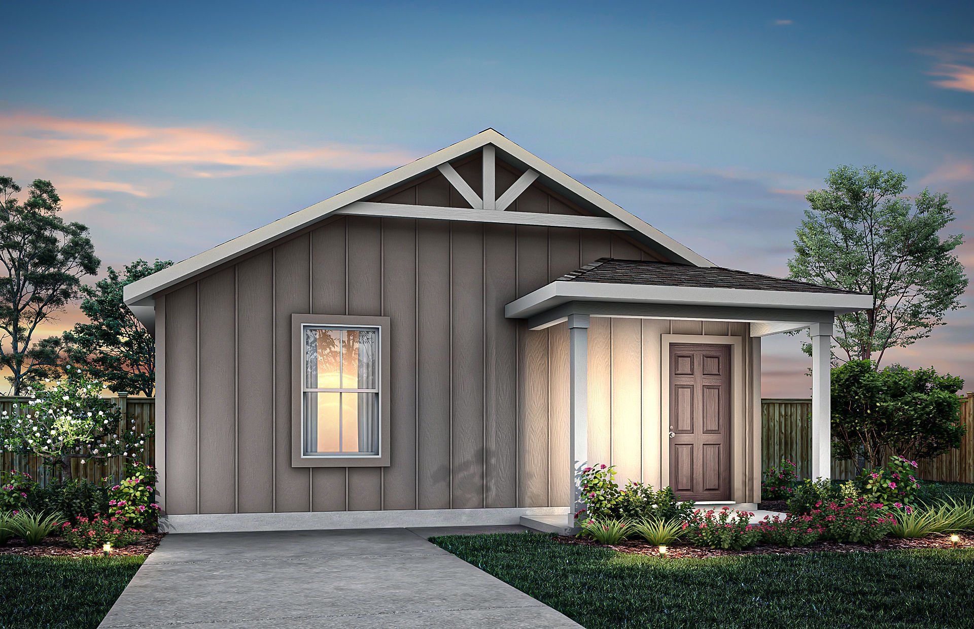 Front exterior of a new home in Vista Real, Converse, TX, highlighting curb appeal (Image 1).