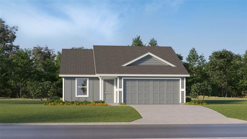 View of front of house featuring a front lawn, driveway, a garage, and roof with shingles