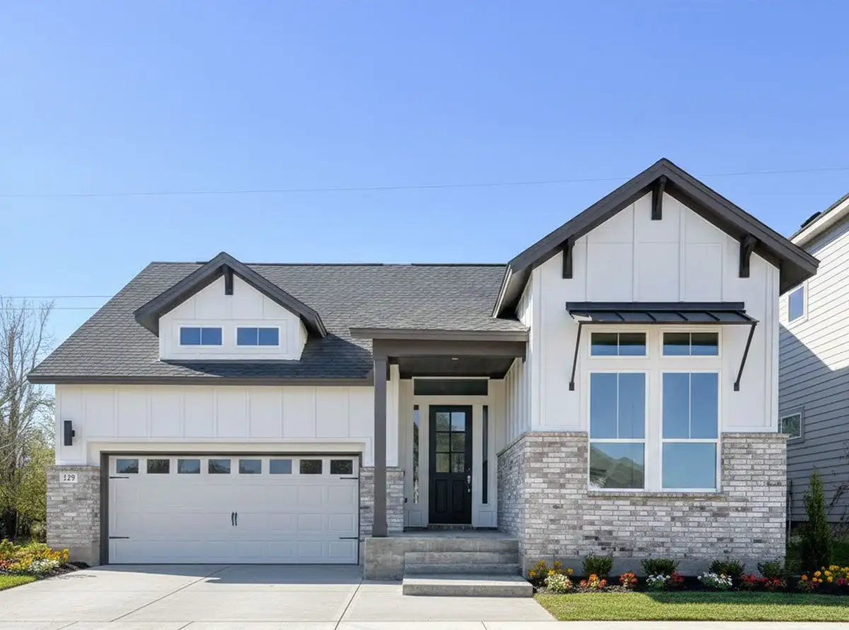 Front exterior of a new home in Persimmon, Buda, TX, highlighting curb appeal (Image 1). Front exterior of a new home in Persimmon, Buda, TX, highlighting curb appeal (Image 1).