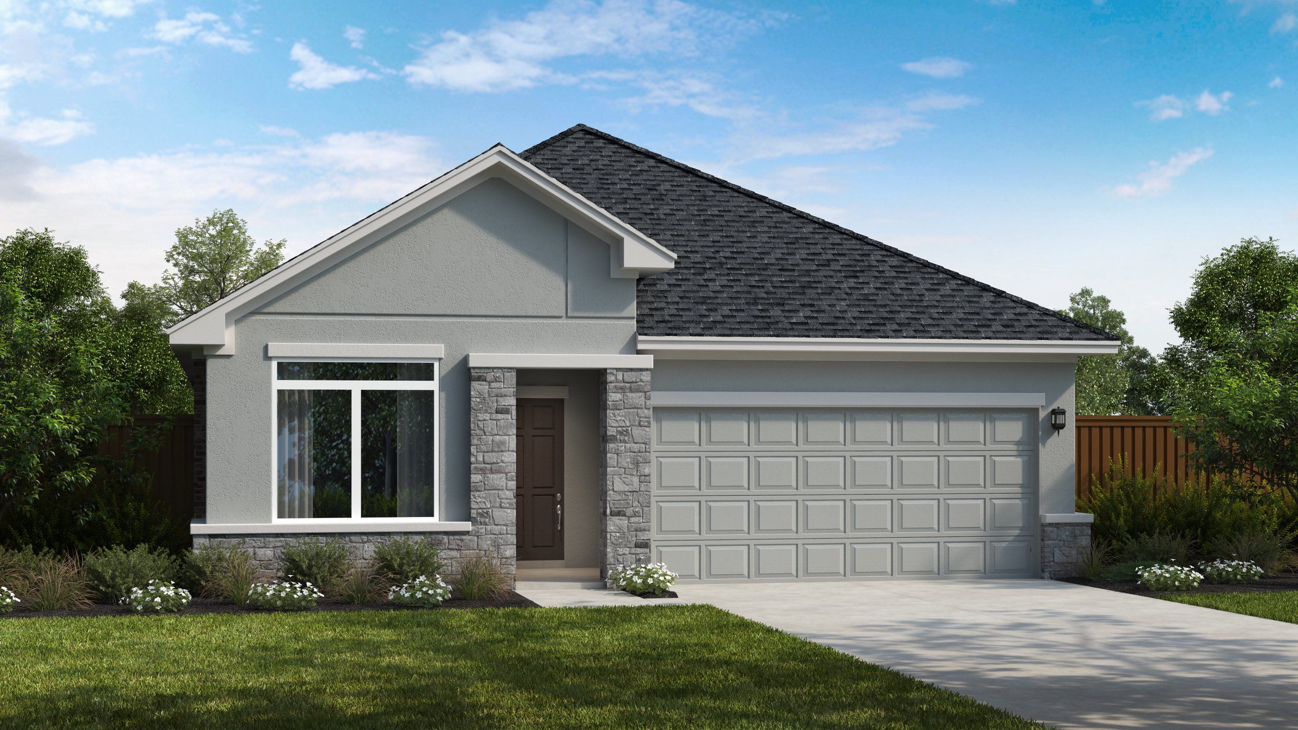 Front exterior of a new home in Flora, Hutto, TX, highlighting curb appeal (Image 1). Front exterior of a new home in Flora, Hutto, TX, highlighting curb appeal (Image 1).