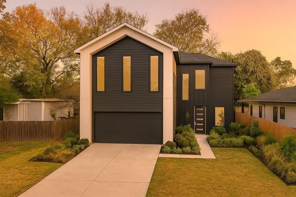Modern home featuring an attached garage, board and batten siding, concrete driveway, and a shingled roof Modern home featuring an attached garage, board and batten siding, concrete driveway, and a shingled roof
