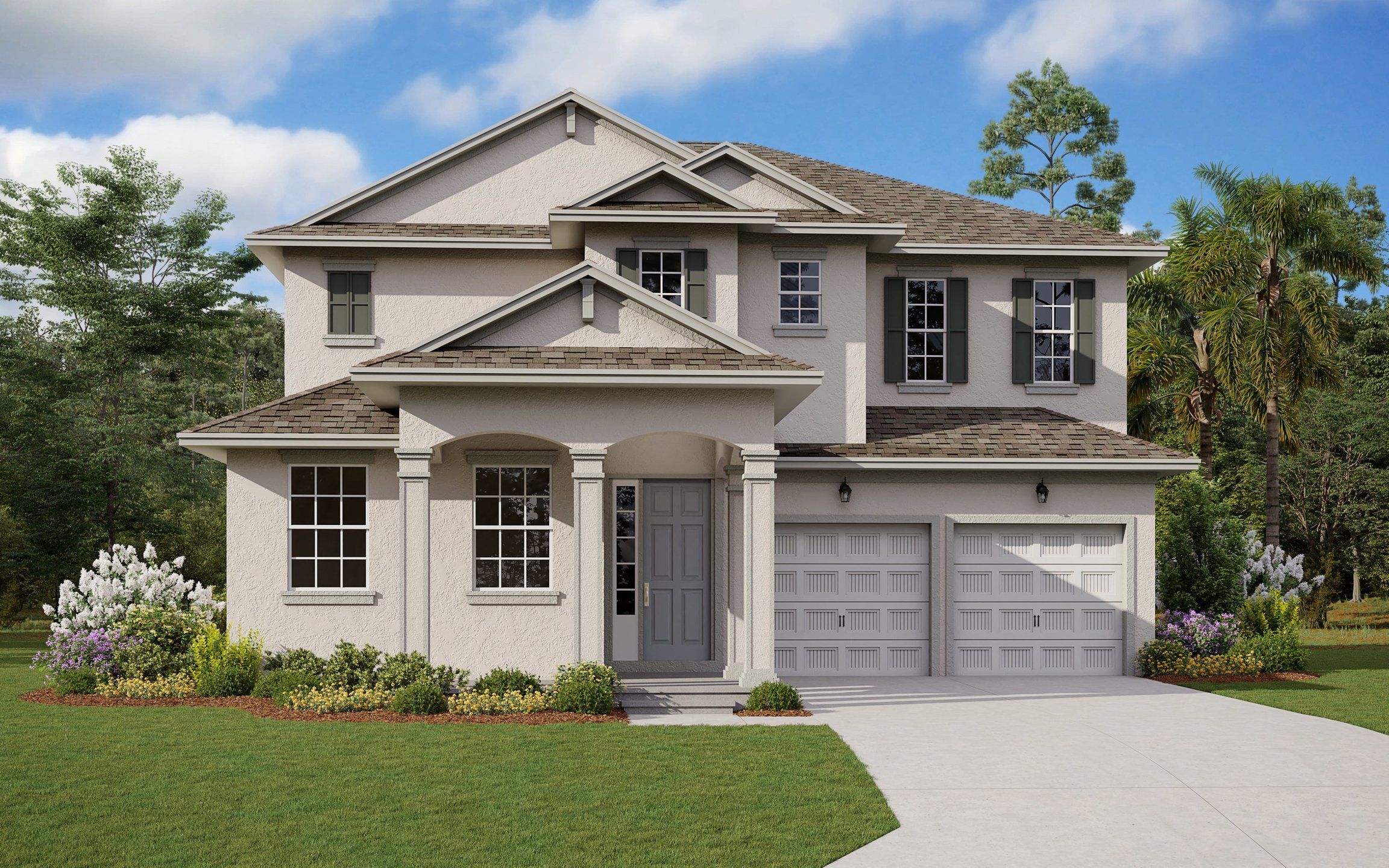 Front exterior of a new home in Hills of Minneola, Minneola, FL, highlighting curb appeal (Image 1).