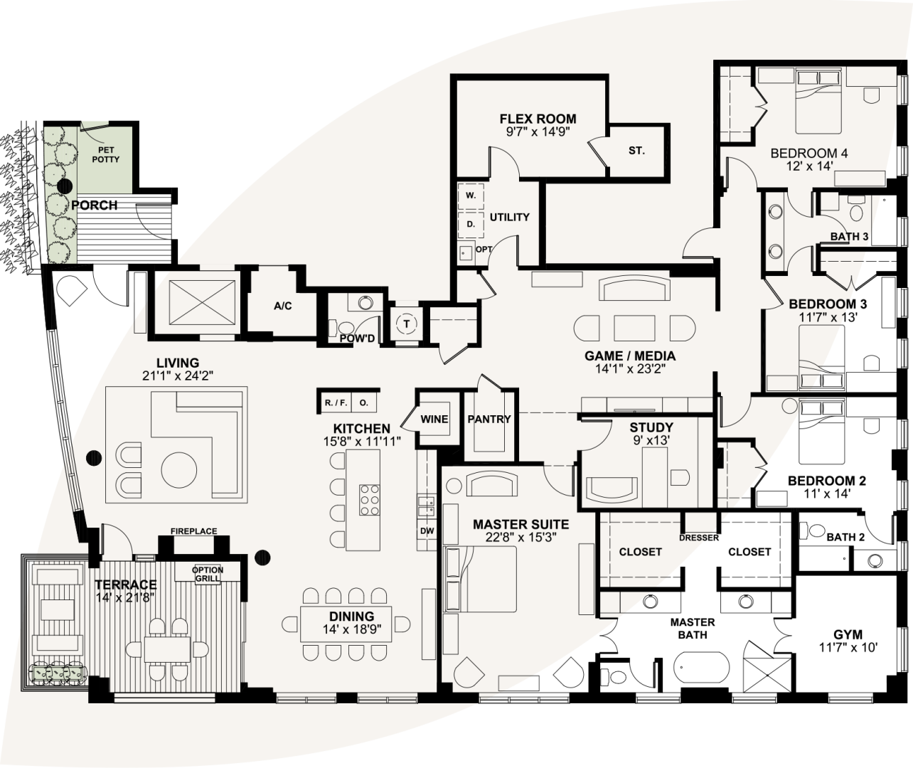 2D floor plan layout for the Windsor by Citiscape in Mimosa Terrace, Houston, TX (Image 1).