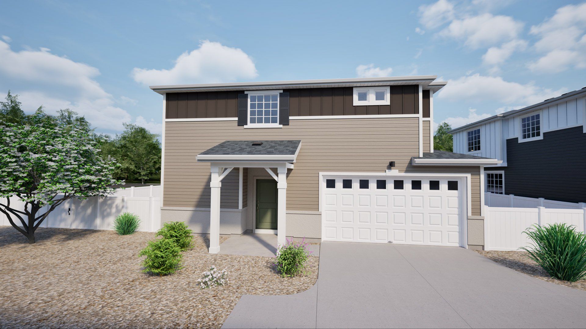 Representative exterior photo of a completed home built from the Helena by Oakwood Homes Co in Green Valley Ranch, Aurora, CO (Image 1). Representative exterior photo of a completed home built from the Helena by Oakwood Homes Co in Green Valley Ranch, Aurora, CO (Image 1).