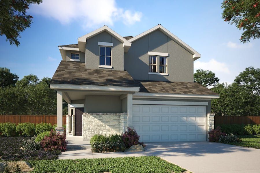 Front exterior of a new home in Porter Country, Buda, TX, highlighting curb appeal (Image 1).