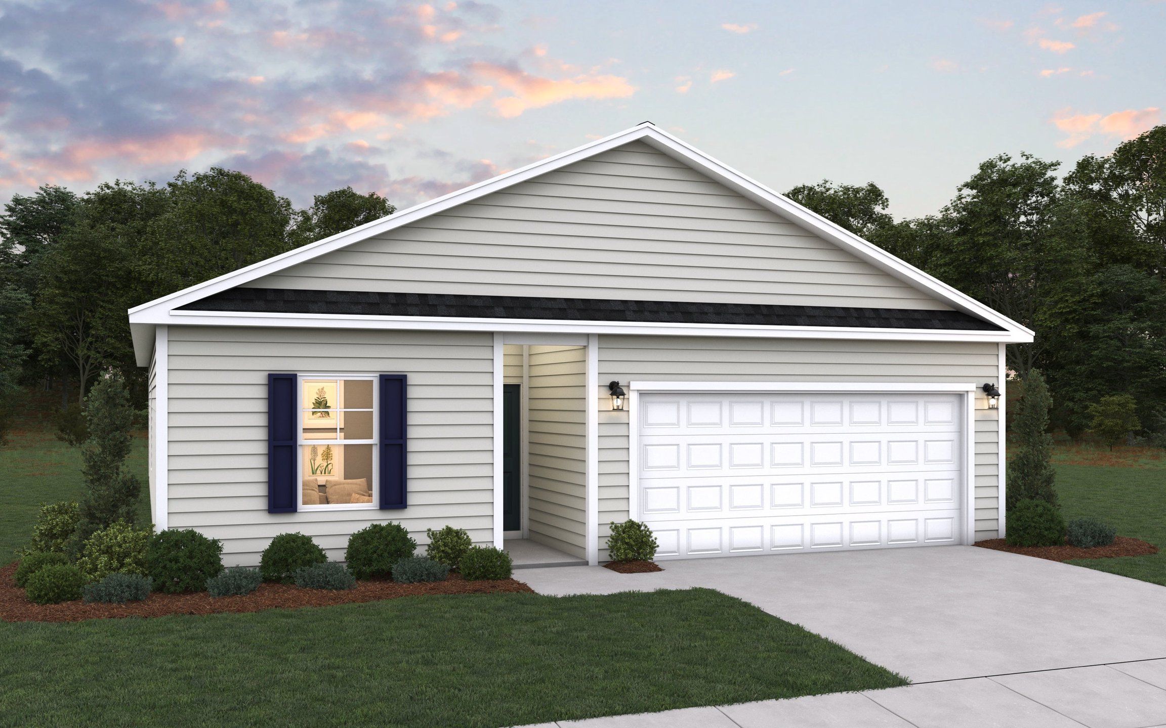 Front exterior of a new home in The View at Holt Lake, Four Oaks, NC, highlighting curb appeal (Image 1). Front exterior of a new home in The View at Holt Lake, Four Oaks, NC, highlighting curb appeal (Image 1).