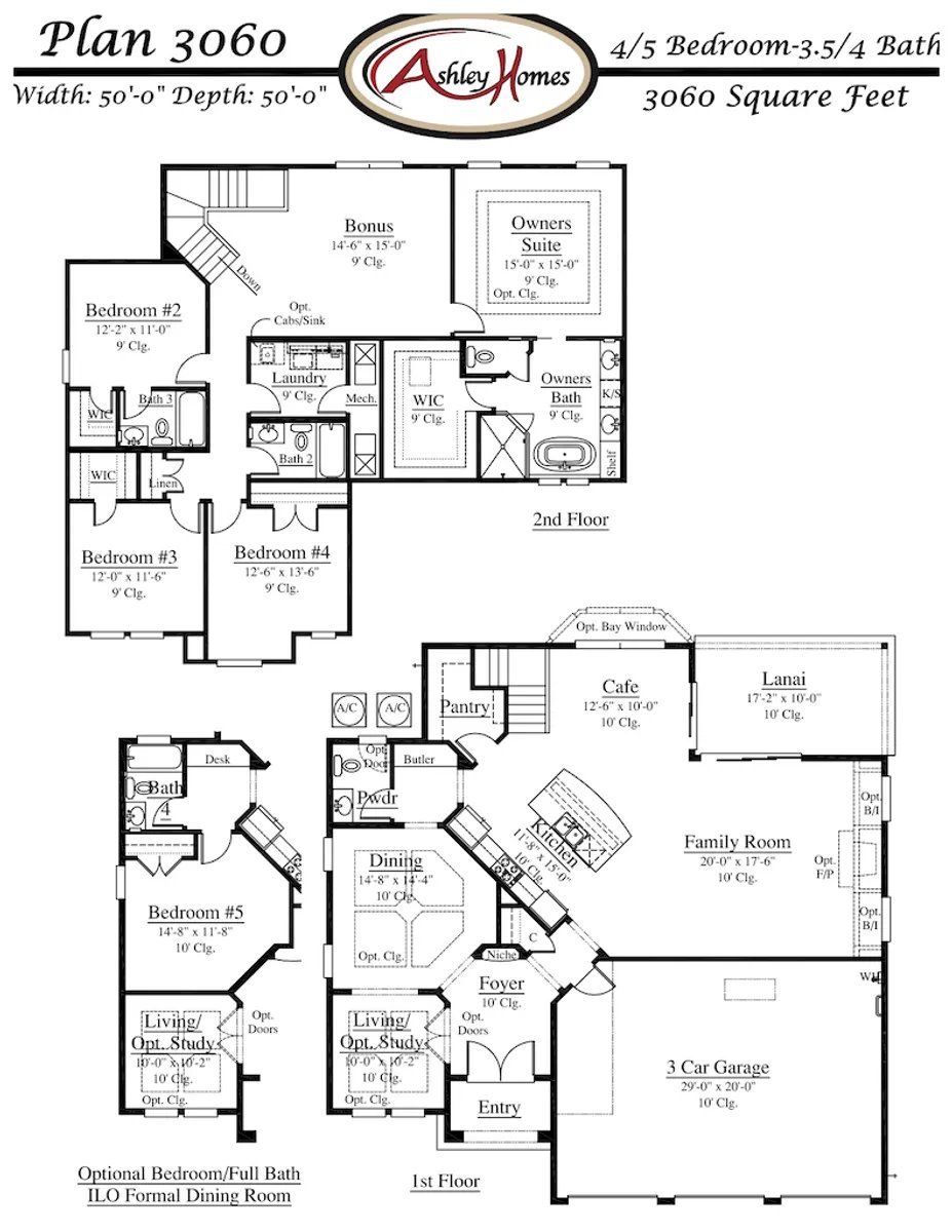 2D floor plan layout for the Plan 3060 by Ashley Homes, LLC in Courtney Oaks in SilverLeaf, St. Augustine, FL (Image 1).